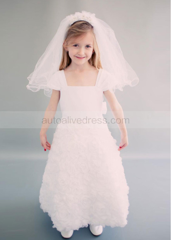 A-line Straight Neck Rosette Ankle Length Flower Girl Dress With Beaded Sash